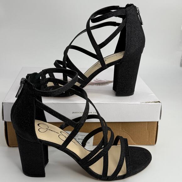 NEW Jessica Simpson Stassey Strappy Block Heels Size 9 Black Glitter Sandals NWT - Picture 2 of 7